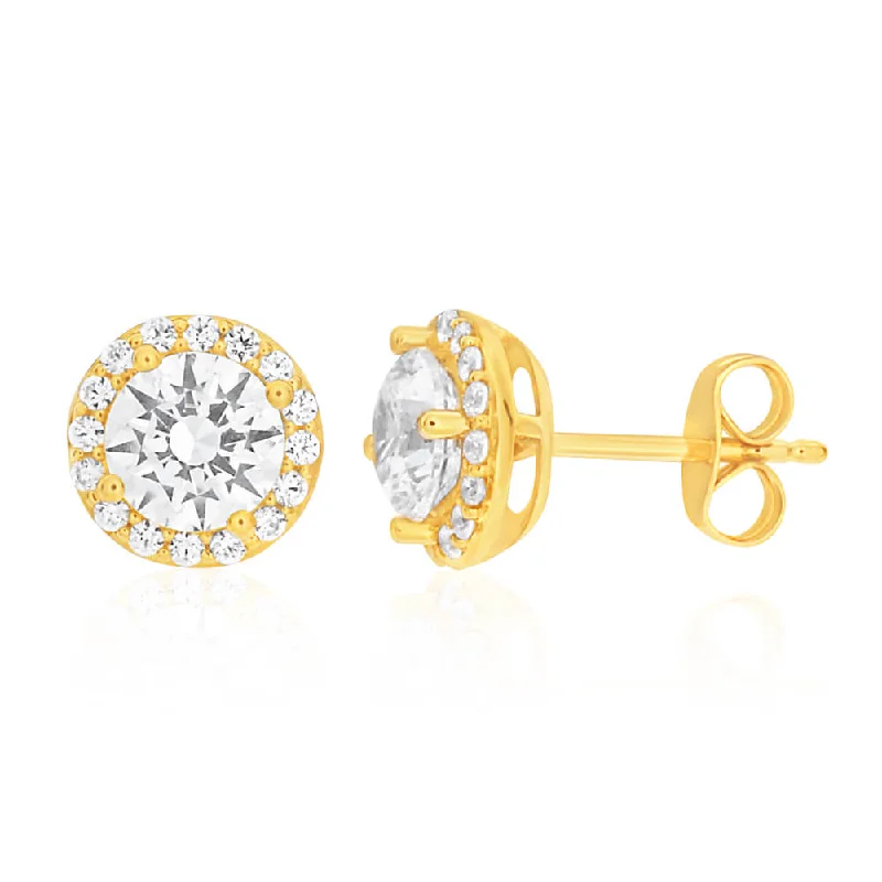 diamond earrings for women -9ct Yellow Gold Cubic Zirconia Halo Stud Earrings