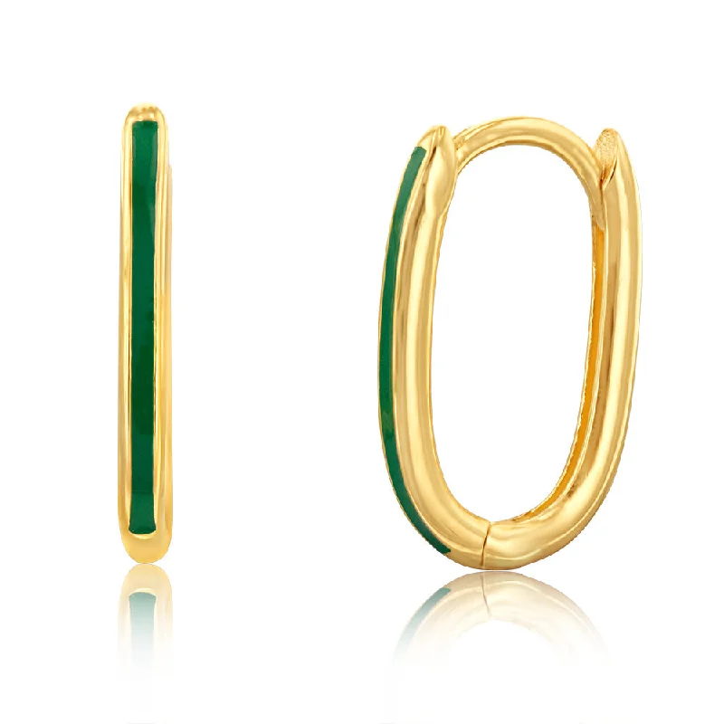 multi-colored earrings for women -9ct Yellow Gold Green Enamel Hoop Earrings