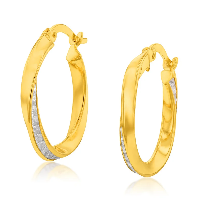 elegant gold earrings for women -9ct Yellow Gold Silverfilled Cubic Zirconia On Twisted 15mm Hoop Earrings