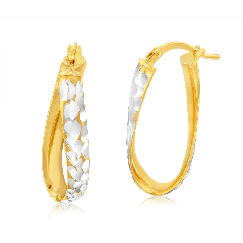 chic heart-shaped earrings for women -9ct Yellow And White Gold Silverfilled Diamond Cut Oval Hoop Earrings