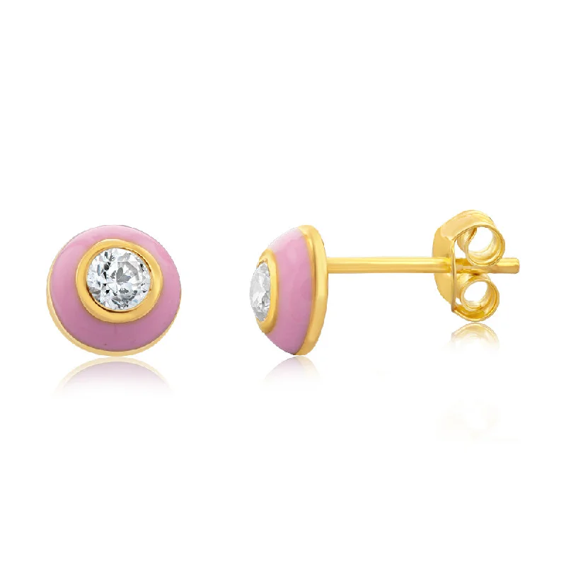 sparkling pearl drop earrings for women -Gold Plated Sterling Silver Round Pink Enamel and Cubic Zirconia Studs Earrings