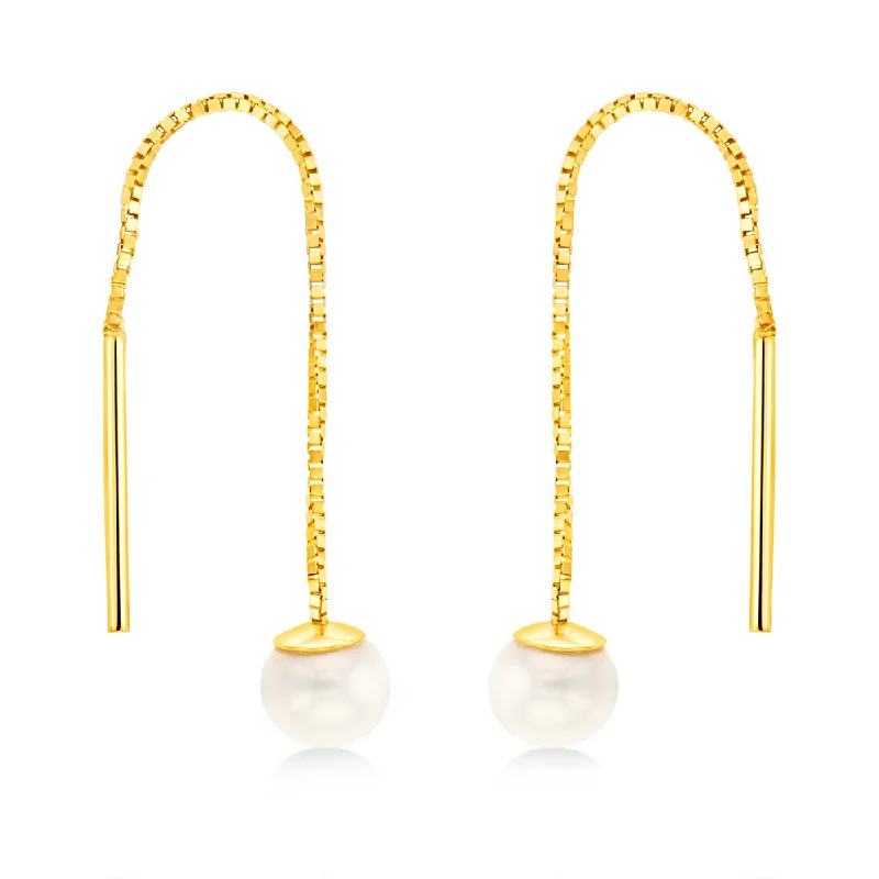 delicate gold earrings for women -9ct Yellow Gold Fresh Water Pearl Box Chain Threader Earrings