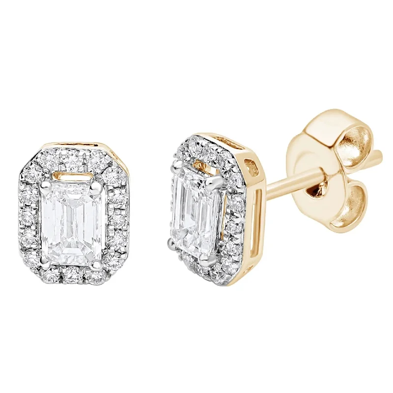 elegant crystal stud earrings for women -Yellow Gold Diamond Emerald Cut Halo Stud Earrings