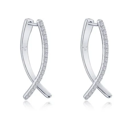 chic drop gemstone earrings for women -Sterling Silver Simulated Diamond Crossover Oval Hoop Earrings by Lafonn