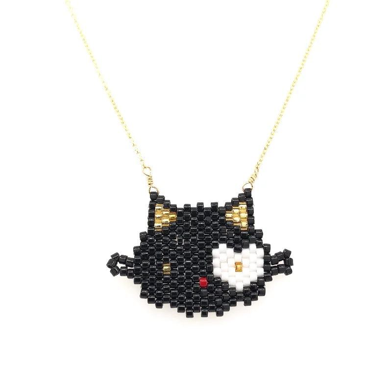 delicate diamond chain necklaces for women -Seed Bead Black Hello Kitty Necklace