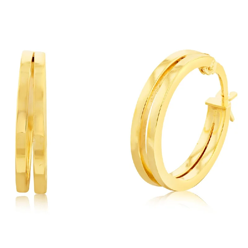 trendy gold earrings for women -9ct Yellow Gold Plain Double 15mm Hoop Earrings