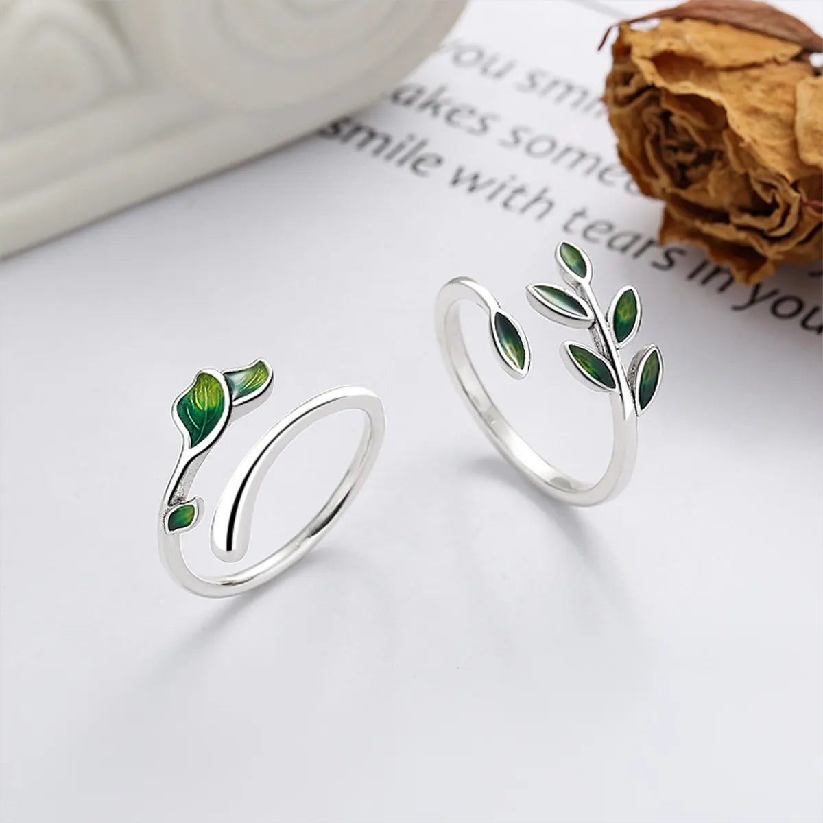 trendy gemstone rings with diamonds for women -Sterling Silver Simple Style Leaf Open Rings