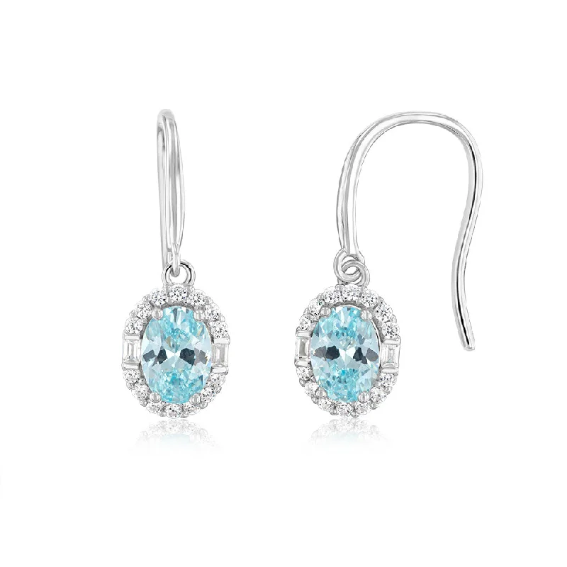 sparkling gemstone earrings for women -Sterling Silver Rhodium Plated White And Aquamarine Cubic Zirconia Oval Drop Earrings