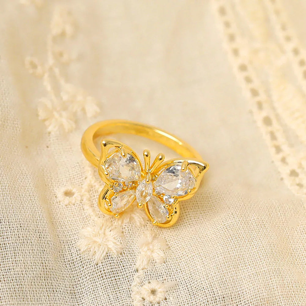 antique rings for women -Copper 14K Gold Plated IG Style Basic Classic Style Inlay Butterfly Zircon Rings