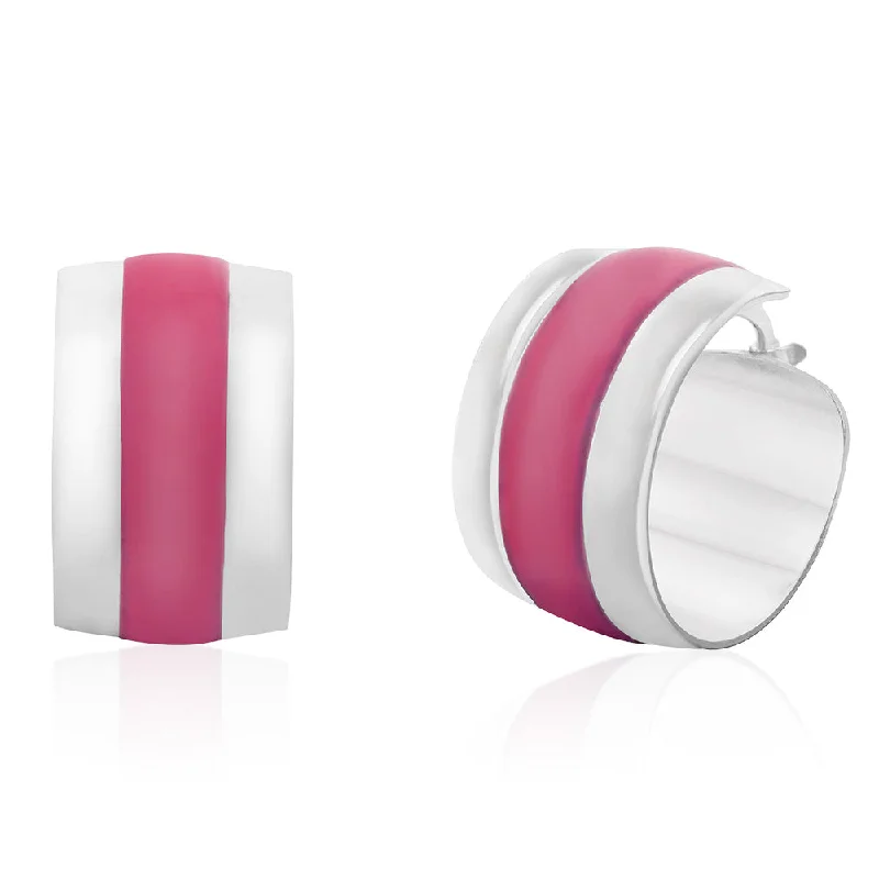 sparkling gemstone stud earrings for women -Sterling Silver Pink Enamel On Wide Hoop Earrings