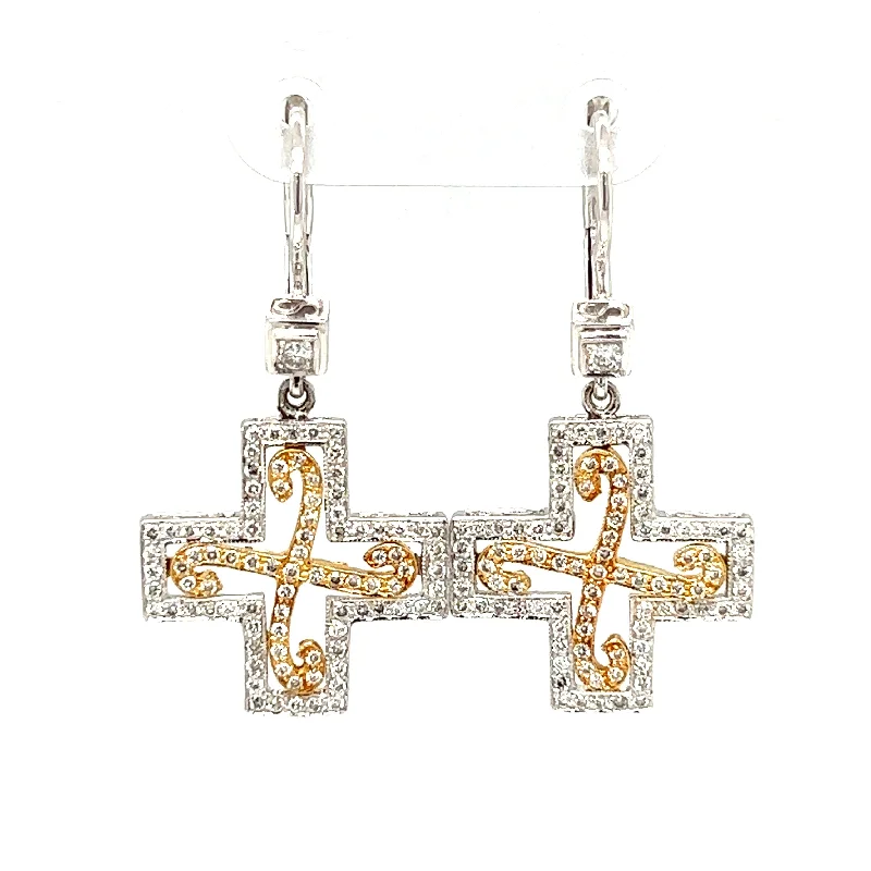 elegant gemstone stud earrings for women -Pre-Owned 18k Two Tone Cross Fashion Dangle Earrings by Designer Dev Valencia