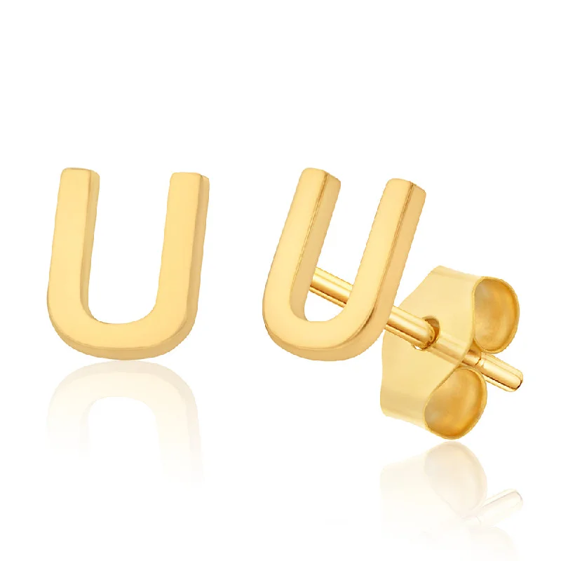 radiant gold stud earrings for women -9ct Yellow Gold Mini Initial "U" Stud Earrings