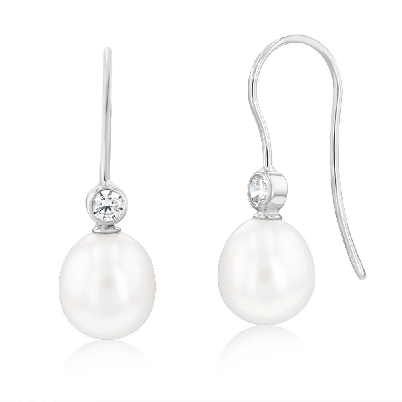 radiant diamond drop earrings for women -Sterling Silver Rhodium Plated 8.5-9mm Oval Fresh Water Pearl And Zirconia Hook Earrings