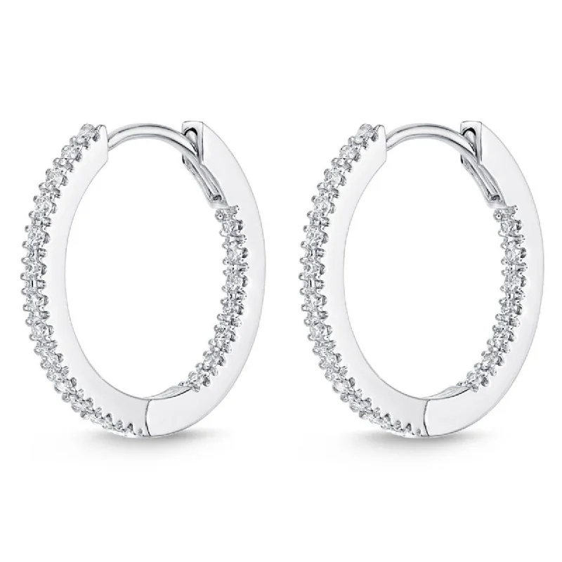 radiant gemstone earrings for women -Memoire 18k White Gold Oval Hinged Diamond Hoop Earrings