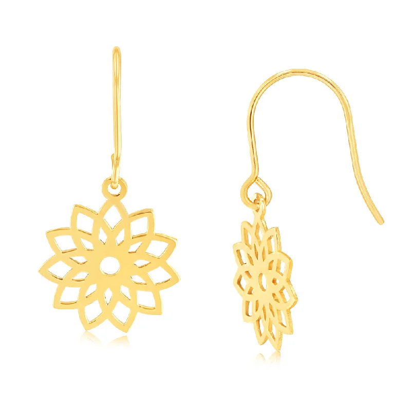 elegant diamond hoop earrings for women -9ct Yellow Gold Tribal Flower Cut Out Hook Earrings