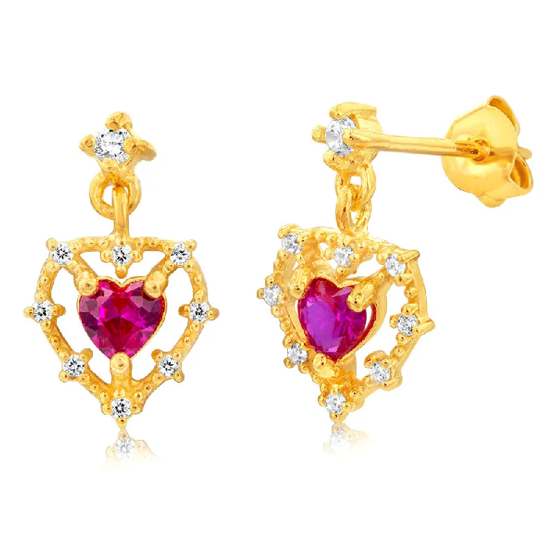 silver drop earrings for women -Gold Plated Sterling Silver Created Ruby Drop Earrings