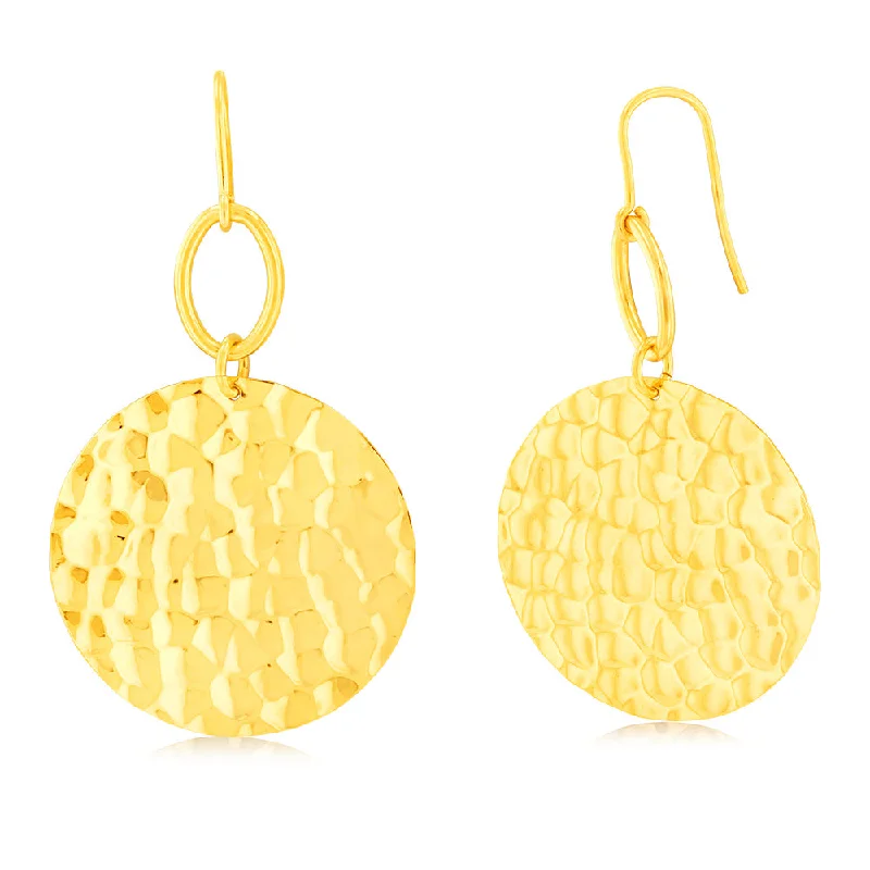 trendy statement earrings for women -Sterling Silver Gold Plated Patterned Round Disc Hook Earrings