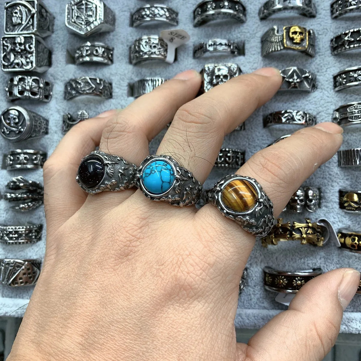 luxury sapphire engagement rings for women -Punk Geometric Bat Titanium Steel Polishing Inlay Turquoise Tiger Eye Men'S Rings