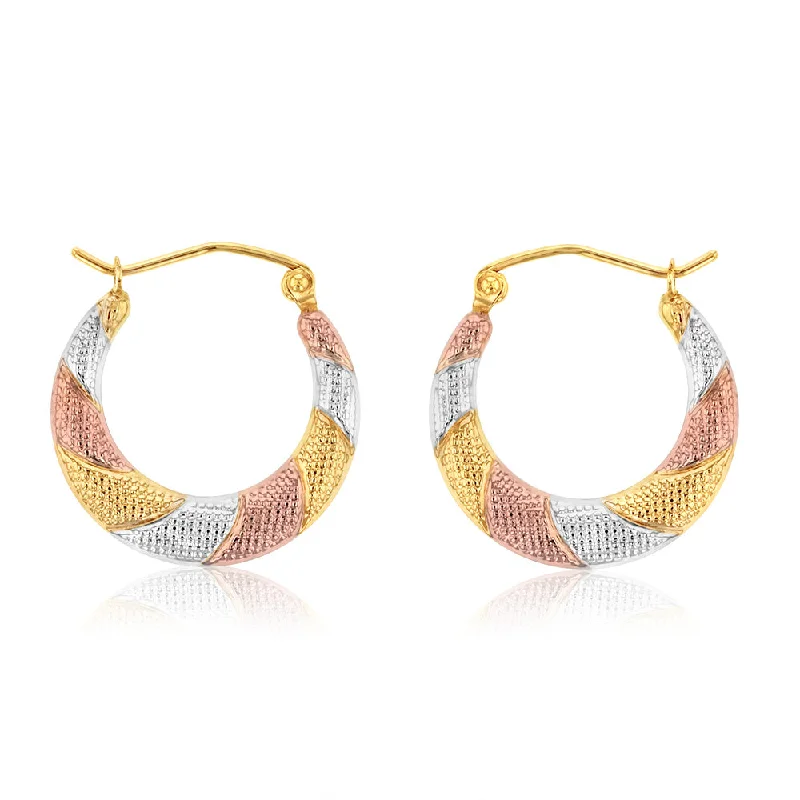 luxurious hoop earrings for women -9ct Yellow, Red And White Gold Three Tone Textured Creole Hoop Earrings