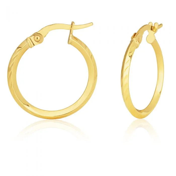 artistic drop earrings for women -9ct Yellow Gold Diamond Cut 15mm Hoop Earrings