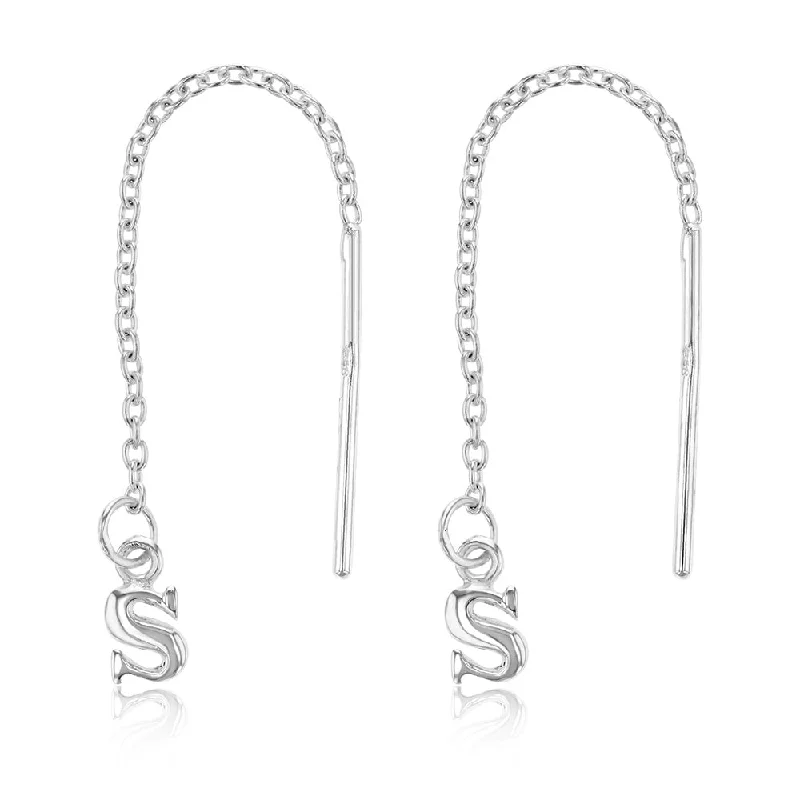 vintage drop earrings for women -Sterling Silver Initial S Threader Drop Earrings