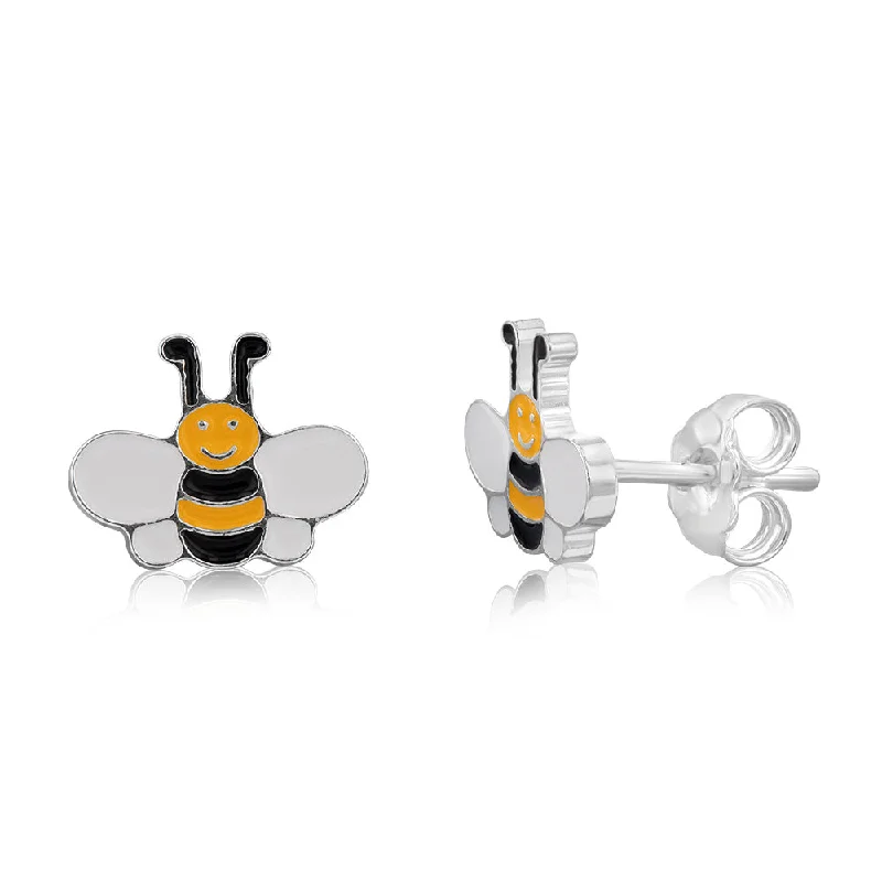 elegant stud earrings for women -Sterling Silver Enamel Honey Bee Stud Earrings