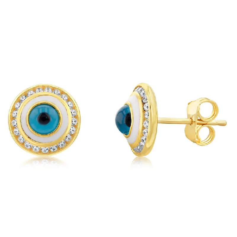 delicate gold earrings for women -9ct Yellow Gold Round Cubic Zirconia Evil Eye Stud Earrings