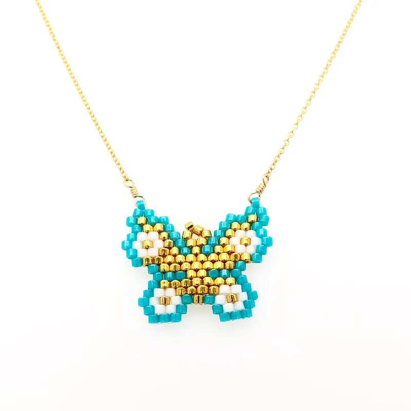 rose gold heart necklaces for women -Seed Bead Blue Butterfly Necklace