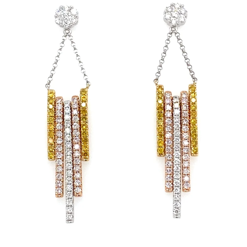 vintage gemstone earrings for women -18k Tri Color Fancy Diamond Bar Dangle Earrings