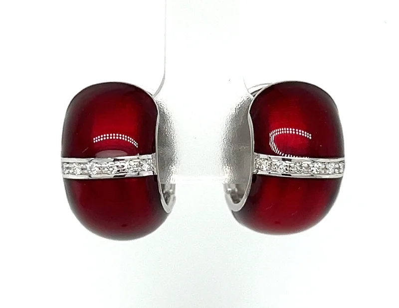 elegant gemstone chandelier earrings for women -Sterling Silver Diamond & Ruby Enamal Huggie Earrings by SOHO