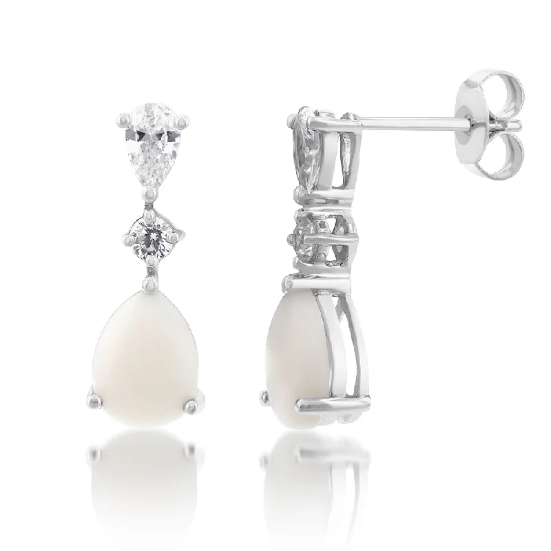 trendy gemstone stud earrings for women -Natural White Opal and Zirconia Earrings in 9ct White Gold