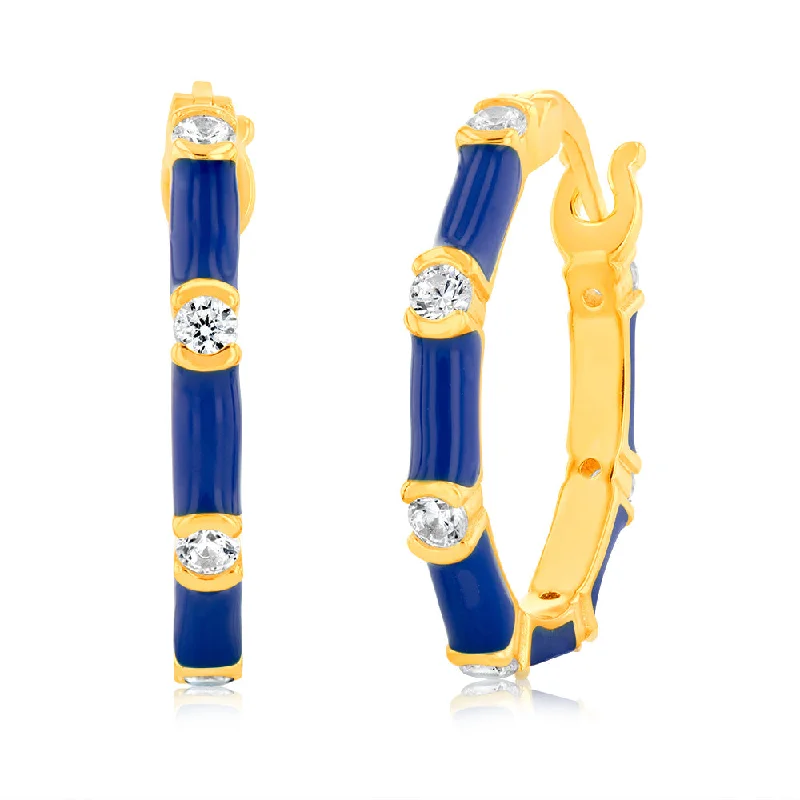 flower drop earrings for women -Sterling Silver Gold Plated Blue Enamel And White Zirconia Hoop Earrings