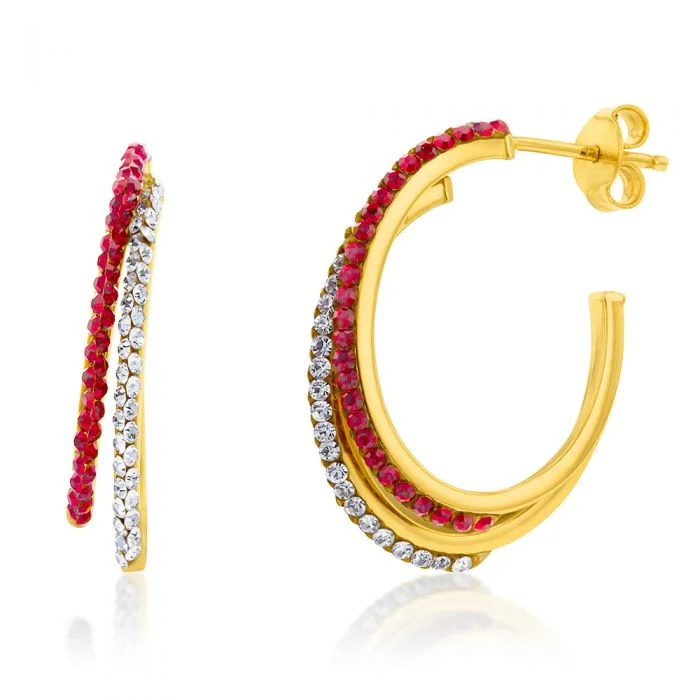 bold hoop earrings for women -9ct Yellow Gold Silverfilled Crystal And Red Double Half Hoop Earrings