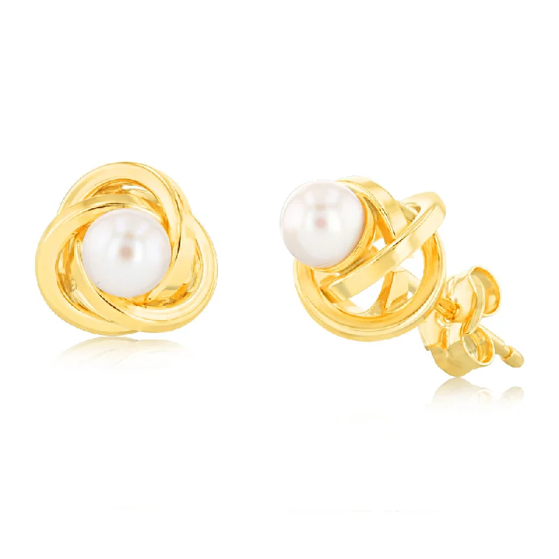 luxury gemstone chandelier earrings for women -9ct Yellow Gold 4mm Fresh Water Pearl Knot Stud Earrings