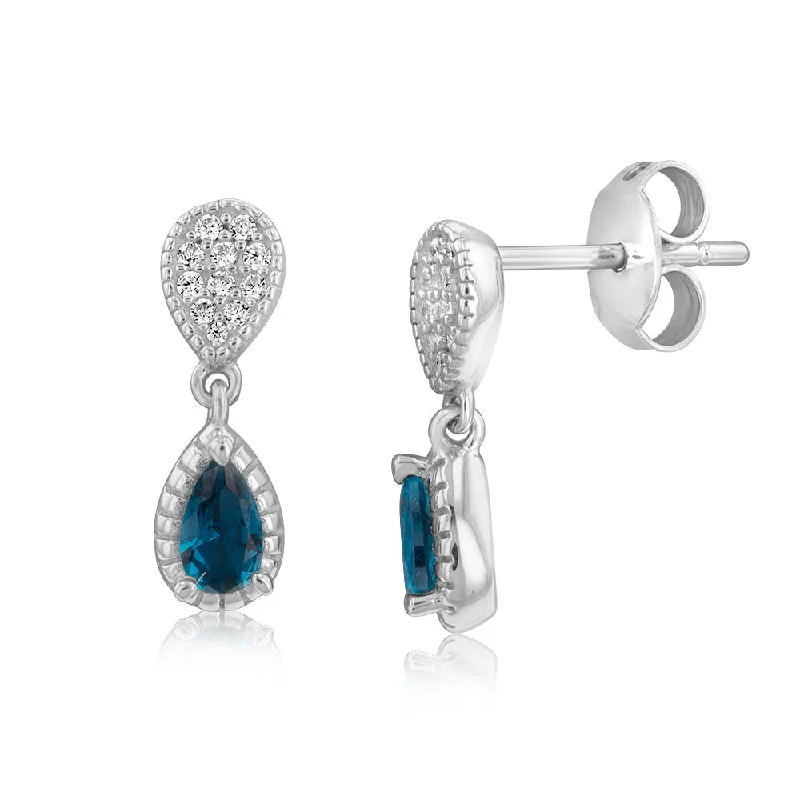 classic hoop earrings for women -Sterling Silver Rhodium Plated Created  Blue Topaz Pear Drop Earrings