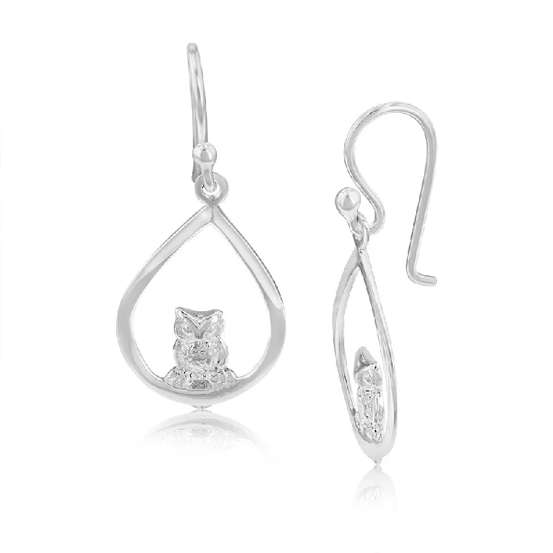 dainty drop hoop earrings for women -Sterling Silver Owl In Pear Drop Earrings