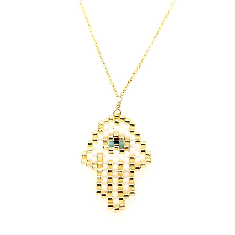 stylish gemstone necklaces for women -Seed Bead White Hamsa with Turquoise Eye Necklace