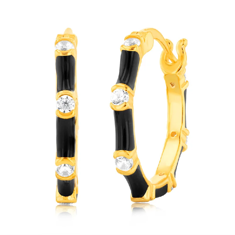 geometric stud earrings for women -Sterling Silver Gold Plated Black Enamel And Zirconia 20mm Hoop Earrings