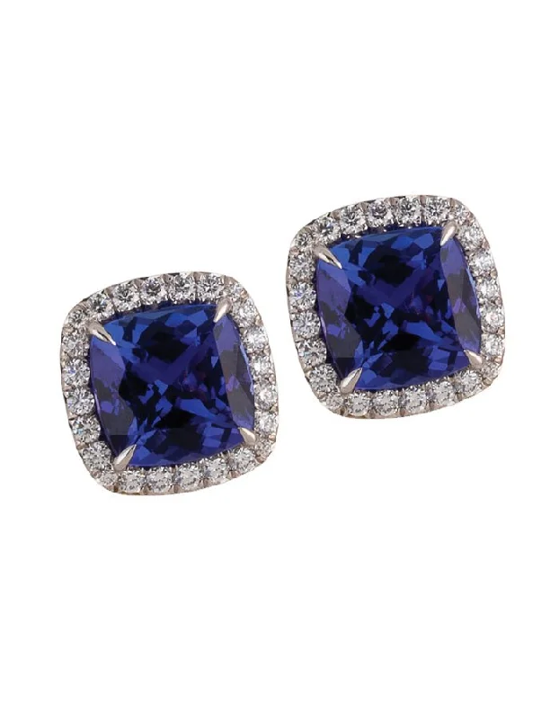 vintage gemstone stud earrings for women -18k White Gold, Tanzanite and Diamond Earrings