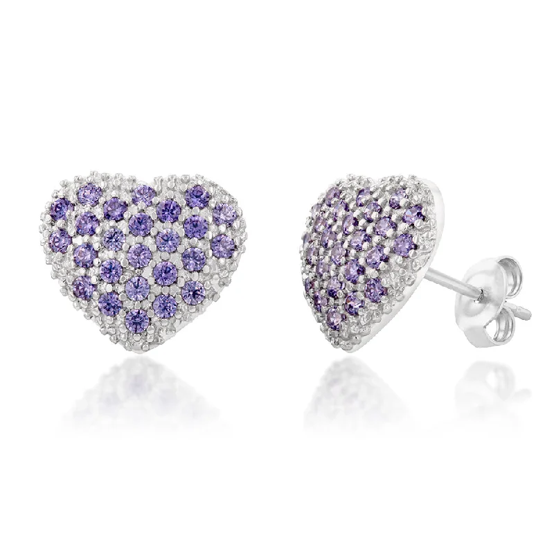 trendy pearl drop earrings for women -9ct White Gold Purple Cubic Zirconia Pave Heart Stud Earrings