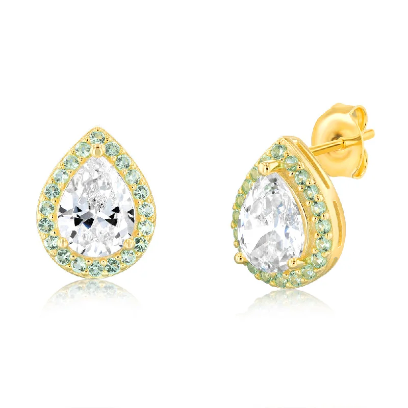 vintage gemstone earrings for women -Sterling Silver Gold Plated Pear Shaped Green And White Zirconia Stud Earrings