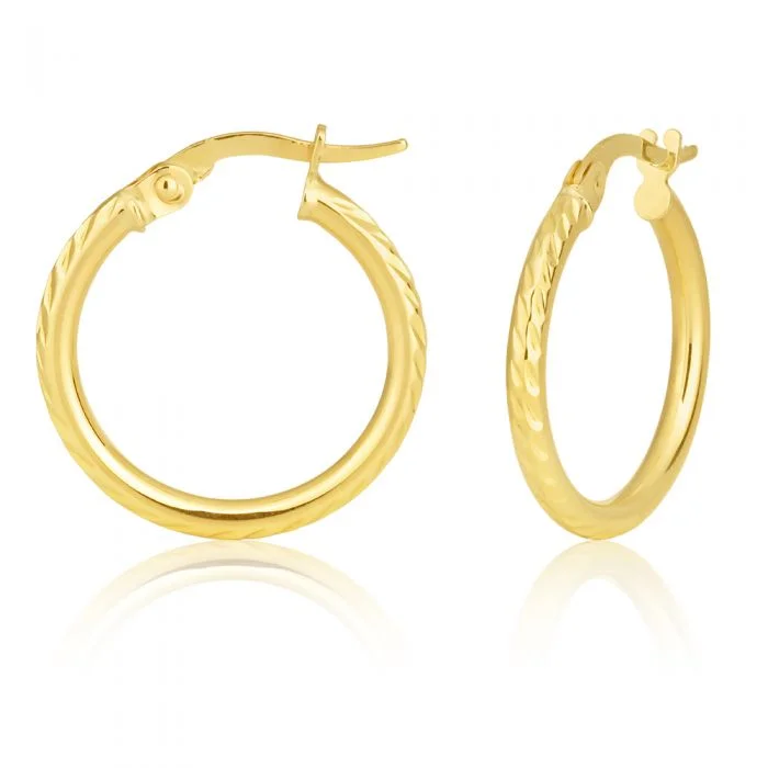 dazzling gemstone drop earrings for women -9ct Yellow Gold Diamond Cut 15mm Hoop Earrings