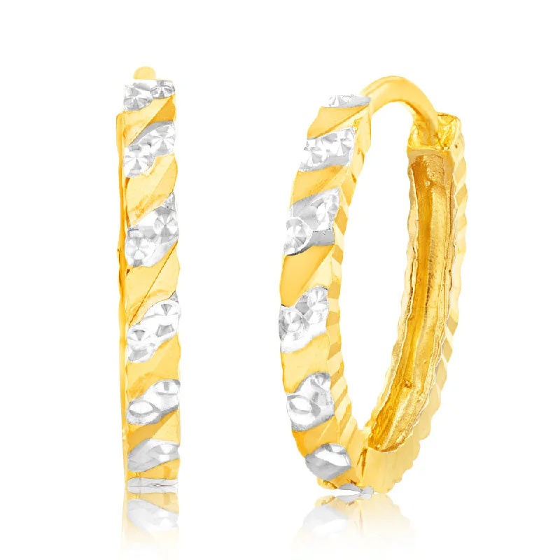 classic gold hoop earrings for women -9ct Yellow And White Gold Diamond Cut Fancy Hoop Earrings