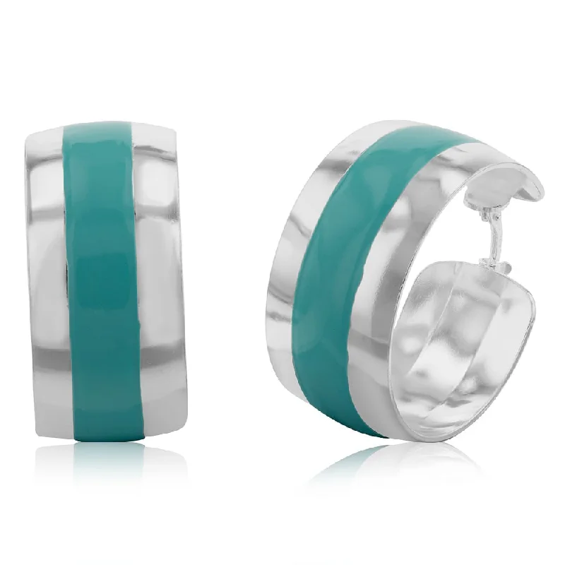 radiant gemstone stud earrings for women -Sterling Silver Aqua Enamel On Broad 23mm Hoop Earrings