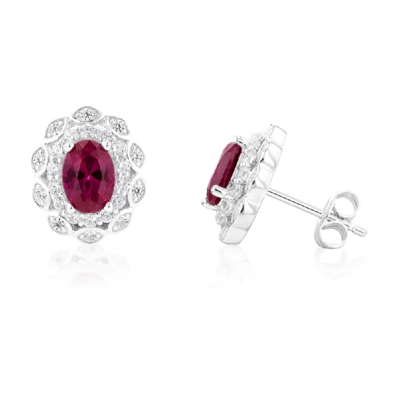 vintage stud drop earrings for women -Sterling Silver Created Ruby and Zirconia Oval Earrings