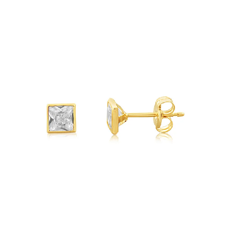 sterling gold earrings for women -9ct Yellow Gold 4X4mm Square Bocel Cubic Zirconia Stud Earrings