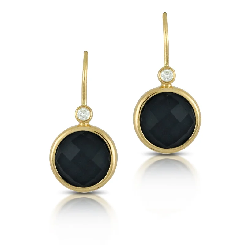 bohemian earrings for women -Doves "Gatsby" Black Onyx & Diamond Round Drop Earrings 18K Yellow Gold