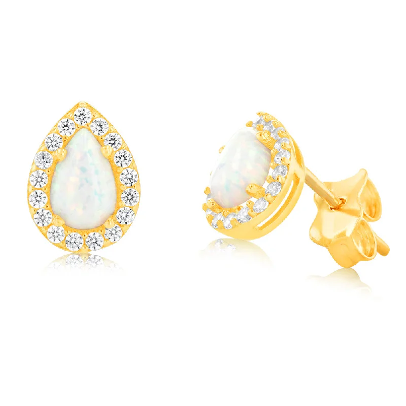 long gemstone earrings for women -9ct Yellow Gold Teardrop Created Opal & Zirconia Stud Earrings