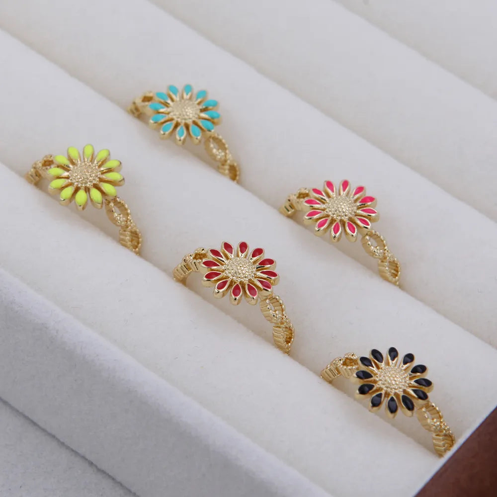 luxury rings for women with diamonds -Copper 18K Gold Plated Enamel Stoving Varnish Plating Ditsy Floral Flower Open Rings