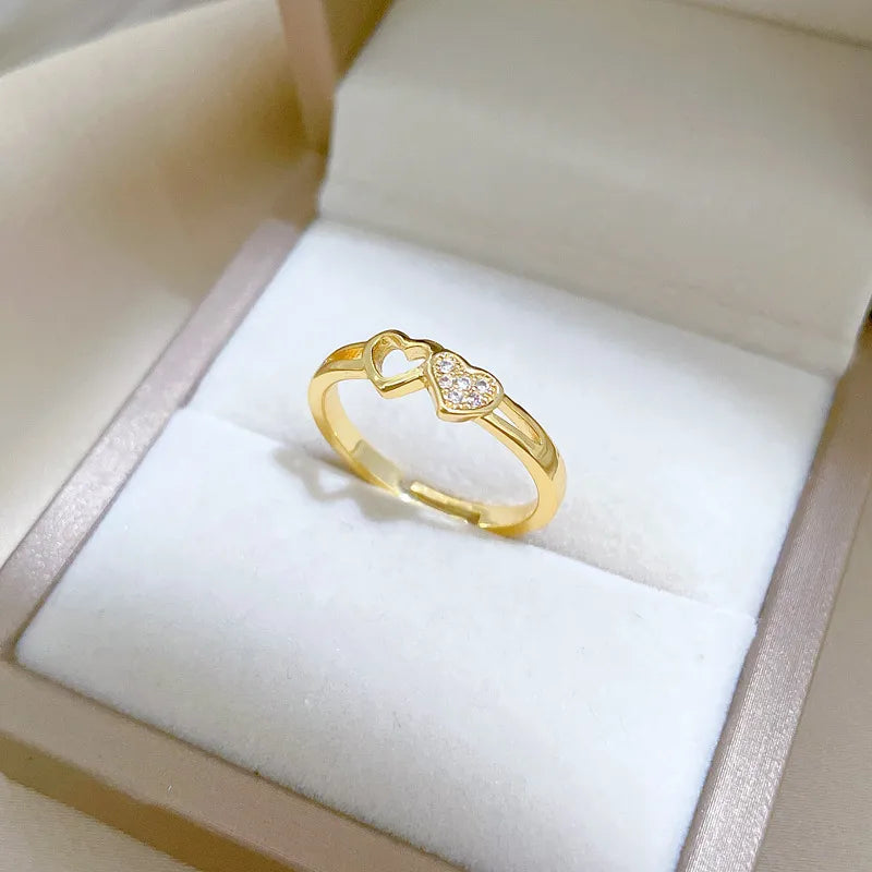 infinity wedding rings for women -Brass Gold Plated IG Style Cute Sweet Inlay Heart Shape Zircon Open Rings